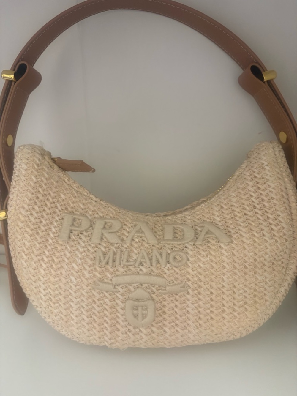 Prada Cream Woven Mini Hobo with Brown Leather Strap